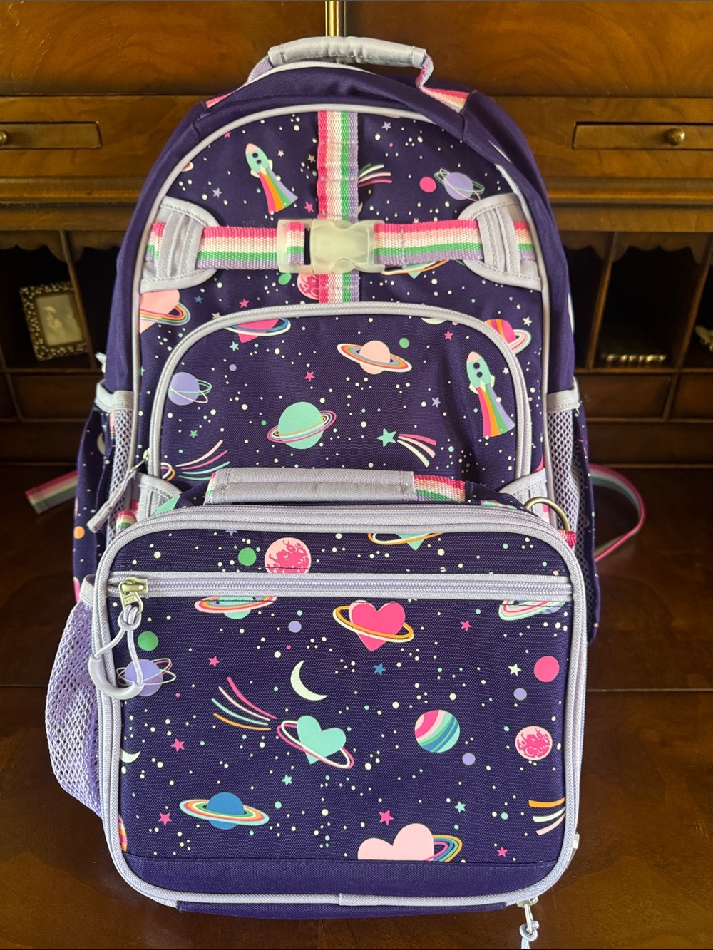 Pottery Barn Mackenzie Rainbow Heart Galaxy Backpack w/ Lunch B